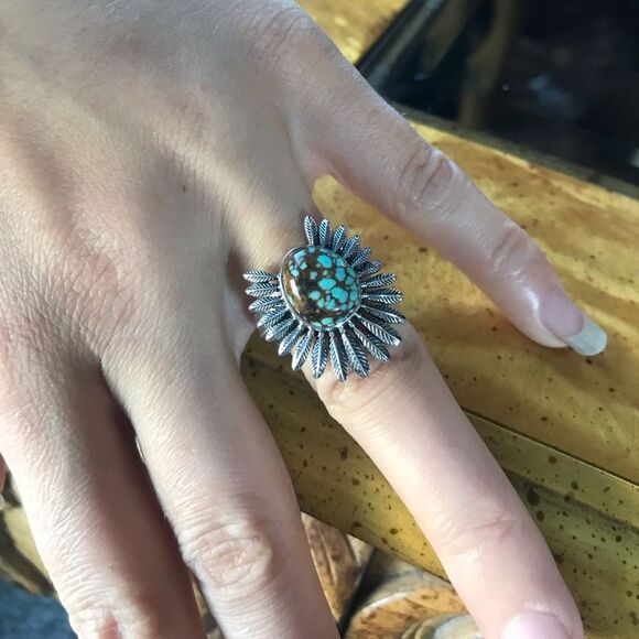 Natural Blue Turquoise Feather Crown Ring Size 7 - Picture 2 of 10